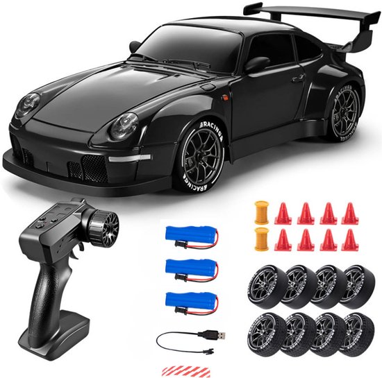 Livista Snelle RC Drift Auto 1:24 – Drift Raceauto met 4WD – Afstandsbestuurbare Auto – 20 km/h – LED Verlichting – 3 Oplaadbare Accu’s – Driftbanden – Zwart