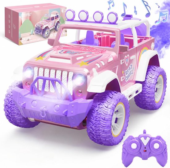 EERC Bestuurbare Auto voor Meisjes - 1:16 RC SUV Auto met Rook-effect (Mist), Muziek en LED-verlichting - All-Terrain Terreinwagen Speelgoed - Inclusief 2 Accu's (50+ Min) - Roze