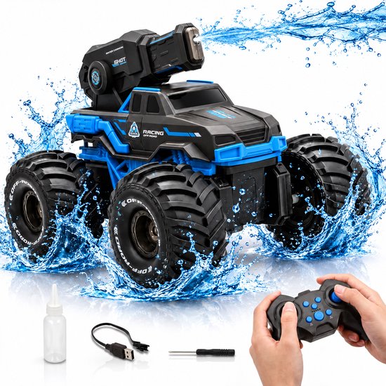 RC Bestuurbare Auto met Waterspray 15km/u - Bestuurbaar op Land en Water met Waterbestendige Afstandsbediening - RC Auto Offroad Kids- Cadeau voor Jongens & Meisjes - Afstandsbestuurbare Auto voor Buiten - Monster Truck Kinderen - Blauw - Silvergear
