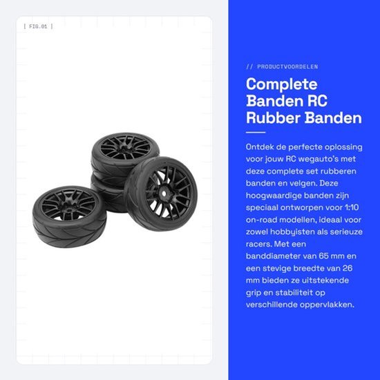 Rubberen Banden 65 mm - 4 Stuks - Velgen - Zeskant Beugelgeleiding 12 mm - Stevig en Duurzaam - Hoge Slijtvastheid - RC Banden