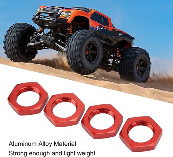 Wielmoer Zeskant 17 mm - Aluminiumlegering - Sterk - 4 Stuks - Voor 1/8 RC Auto - Rood - Moer