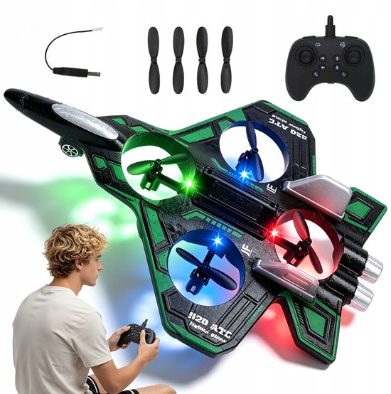 Bestuurbare Vliegtuig - Bestuurbare Straaljager - RC Vliegtuig voor Kinderen - 3 Snelheden & 360° Stunts - Kleurrijke LED Verlichting - Valbestendig EPP Schuim - Voor Buiten