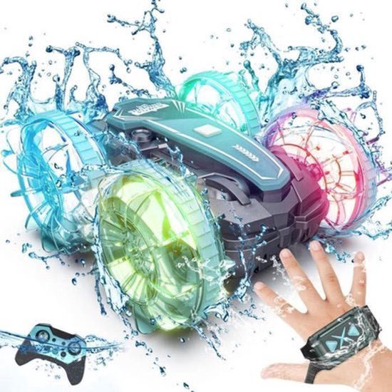 sogiol Bestuurbare Auto All-Terrain - Waterdichte RC Amfibie Stuntauto met Handgebaar Sensor - 360° Draaiend - LED Verlichting - 2.4GHz - Blauw