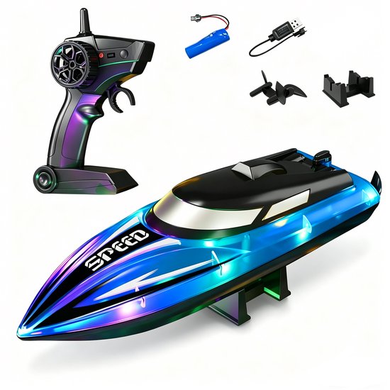 Blauw RC-boot voor kinderen, op afstand bestuurbare boot voor zwembad en meer, met ledverlichting | 2,4 GHz-besturing, verbeterd waterdicht waterspeelgoed, eenvoudig te besturen, zomergeschenk voor jongens en beginners