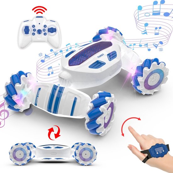TEKROA® Bestuurbare RC Auto - Auto met gebarenbesturing - 4WD 2,4 GHz - Radiografisch - Twee bedieningsmodi - 360° rotatie - Blauw