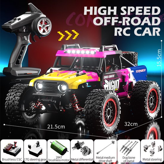 Bextunio RC Monster Truck 4WD 1:12 Schaal – Brushless Motor – Offroad Race Auto – 34.5 cm – 2.4GHz – Oplaadbaar