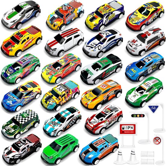 Autoset, speelgoedauto's, 22 stuks, metalen autospeelgoed met 8 wegblokkeringen, 1:64 terugtrekken, cadeau voor kinderen
