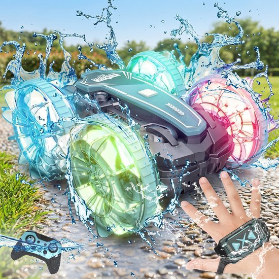 TEKROA® Bestuurbare Auto All-Terrain - RC Voertuigen - Waterdichte RC Amfibie Stuntauto - met Handgebaar Sensor - 360° Draaiend - 2.4GHz - LED Verlichting