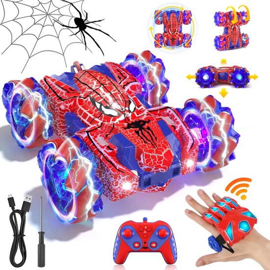 TEKROA® Bestuurbare Auto - RC 360 Stuntauto - Afstandsbestuurbaar Raceauto Accu Spiderman Alternatief Stuntauto - Hand + Handpad Afstandsbediening- rood