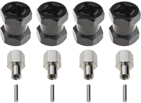 JHUBERS- Wielnaaf 12mm - 4-delige Verlengstukken 15mm - Aluminiumlegering - Compatibel met 1/10 RC Crawler Auto - Inclusief Aspennen/Moeren - Zwart/Zilver - Wieladapter