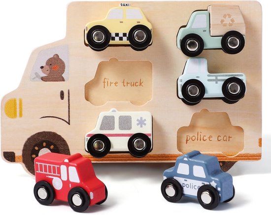 Set van 6 houten auto's - brandweerauto, ambulance, taxi - Montessori-speelgoed voor kinderen vanaf 1 jaar