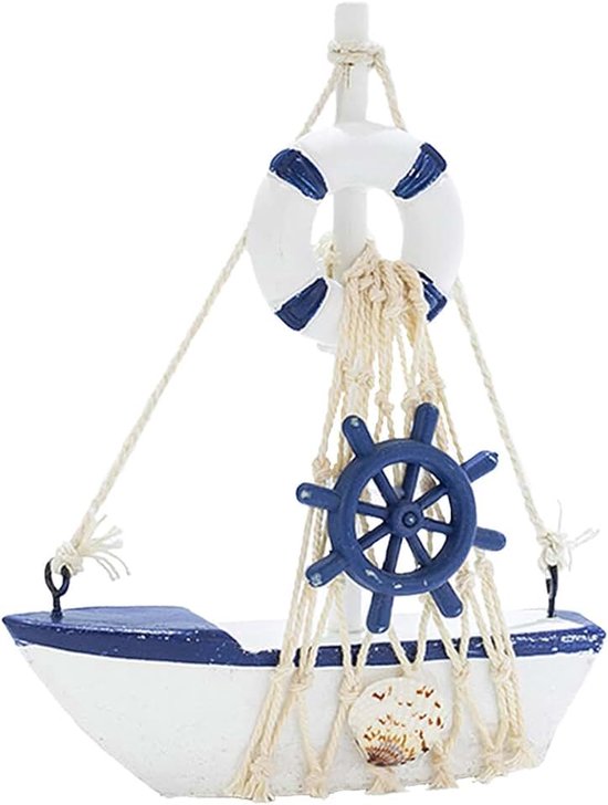 nautische maritieme decoratie, houten zeilboot model, maritieme badkamerdecoratie, houten zeilboten model met visnet, ideaal voor alle nautische feestdecoraties, etalages, kamerrekken (A)