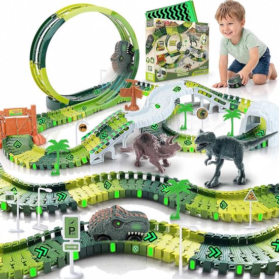 autoracebaan vanaf 3 4 5 6 jaar kinderen, dino kinderspeelgoedset, snelweg, trein met 2 auto's, elektrische 360 looping racebaan, cars racebaan | Kraanspel (360° Dino racebaan)
