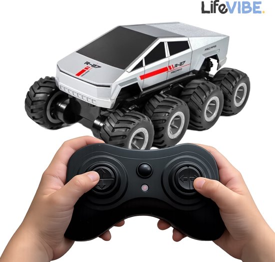 LifeVibe© Bestuurbare Auto Zilver - Afstand bestuurbare Cyber Pick-up Truck – 8 wielen voor Land én Water – 360° Rotatie - RC Auto
