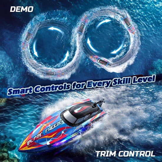 DEERC RC Boot met LED-Verlichting - Bestuurbare Boot voor Zwembad en Meer - 20+ km/u - 2.4 GHz - Incl. 2 Batterijen - Waterspeelgoed - Blauw