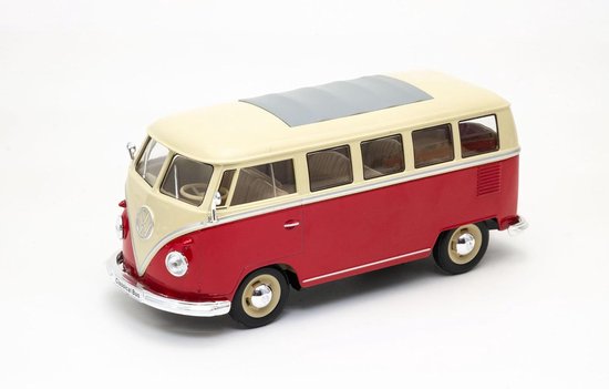 10 Welly Automodel in schaal 1:24, compatibel met Volkswagen T1 Bus 1963 tweekleurig crème en rood - VW - 22095-rood