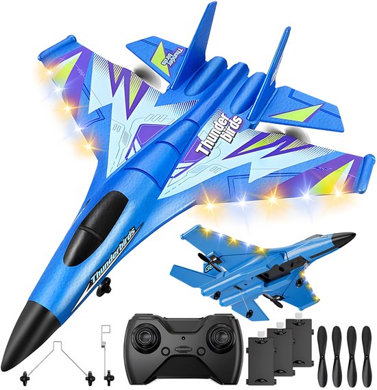 RC-Vliegtuig - SU-27 Afstandsbestuurbaar Vliegtuig - 3 Accu’s tot 45 Minuten Vliegtijd - Gyroscoopstabilisatie - Bereik tot 150 Meter - Handstart en Grondstart - Met Kleurrijke Verlichting - Voor Buiten, Kinderen en Beginners