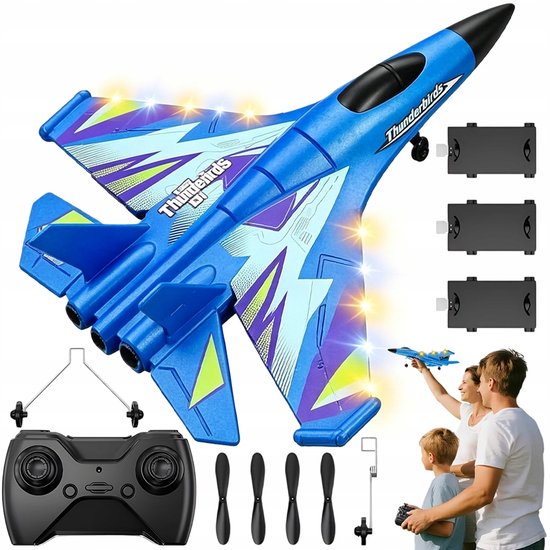RC Vliegtuig voor Kinderen - Foam Vliegtuig Afstandsbediening - EPP - met Gyroscoop - 3 Accu's - 2 Startmodi - 150m Bereik - LED Verlichting - Vliegtuigspeelgoed - Voor Kinderen en Beginners - Buiten