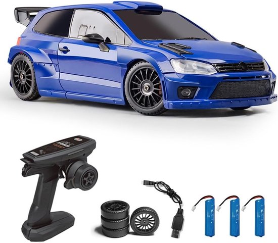 Rc drift car - Zwart - 1/28 - 4WD met LED-verlichting en twee sets banden - Speelgoedauto voor kinderen en volwassenen