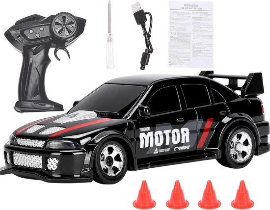 Rc drift car - Zwart - 1:64 schaal - 2,4 GHz 4WD RC Auto met realistische verlichting - Voor volwassenen en verzamelaars