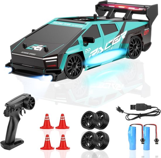 Rc drift car - Turquoise - 1:24 Schaal - 4WD met LED Verlichting - Speelgoedauto voor Kinderen vanaf 8 Jaar