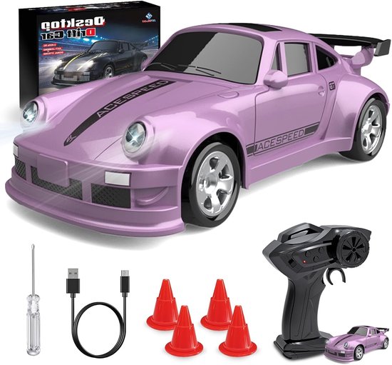 Rc drift car - Roze - 7,8 x 3,5 x 2,5 cm - 4WD Mini RC Auto met LED Verlichting - Speelgoed voor Kinderen