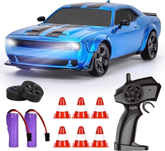Rc drift car - Blauw - 1:24 - 4WD Mini RC Auto met LED Verlichting - Voor Kinderen en Volwassenen