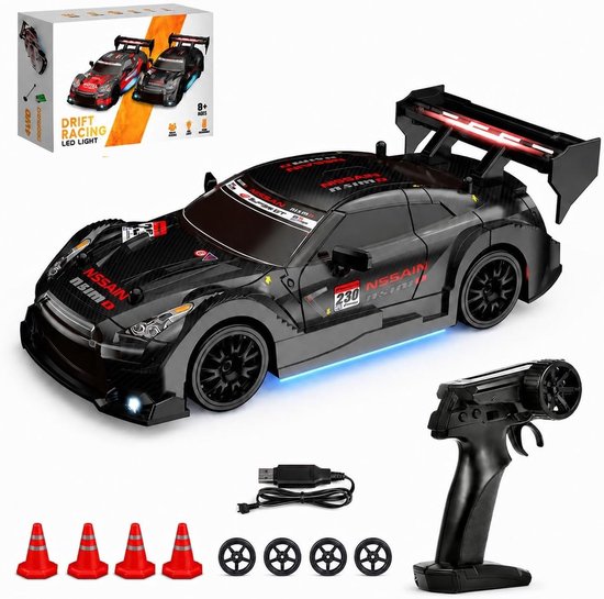 Rc drift car - Zwart - 1:24 schaal - 4WD met LED-verlichting - Mini RC raceauto voor kinderen