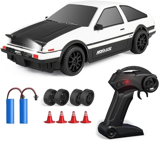 Rc drift car - Wit - 18 x 8 x 5,5 cm - PVC Raceauto met 4WD en LED-verlichting - Voor Kinderen