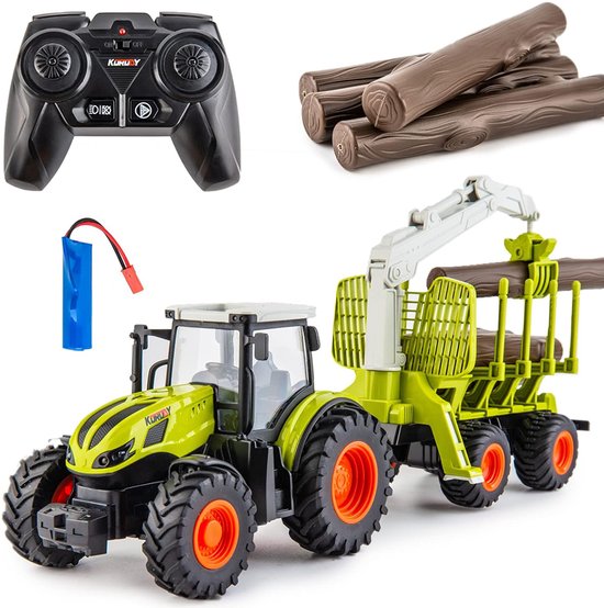 RC Landbouwtractor - Tractor met Houtaanhanger 1:24 - 360° Draaibare Grijparm - 6-Kanaals 2,4GHz Bediening - Licht en Geluid - 500mAh Oplaadbare Accu - Voor Houttransport, Boerderijspel en Buitenspelen