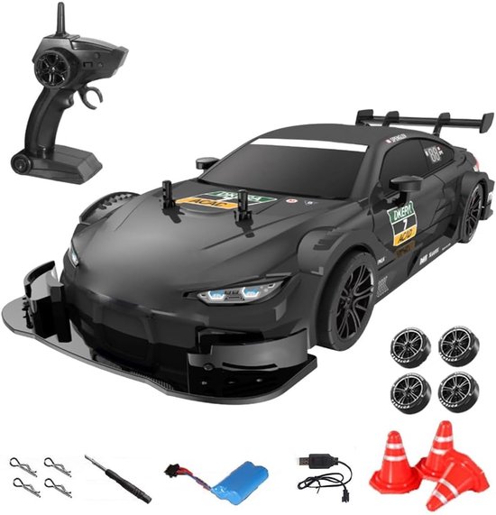 Rc drift car - Zwart - 1/16 - 4WD met verwisselbare banden - RC racewagen voor kinderen en volwassenen