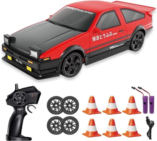 Rc drift car - Zwart en Rood - 19 x 8 x 5 cm - PVC Miniatuur RC Auto met 4WD - Voor Kinderen en Volwassenen
