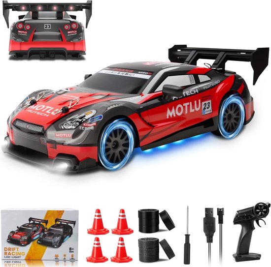 Rc drift car - Rood - 1:24 schaal - 4WD met LED-verlichting - Voor volwassenen en kinderen