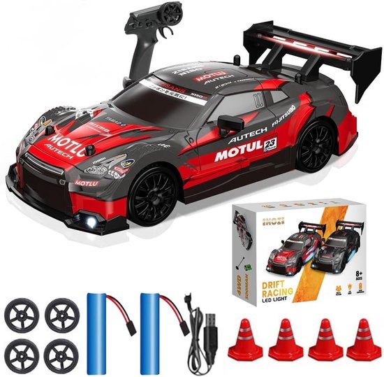 Rc drift car - Zwart en Rood - 21 x 9 x 6 cm - 1:24 PVC Miniatuur - Op Afstand Bestuurbare Speelauto voor Kinderen en Volwassenen