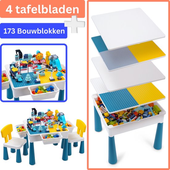 【Alles-in-1 Profi Promo】Bouwtafel set + 173 Bouwblokken met 2 Stoeltjes en 4 Bakjes - Blokkentafel - Speeltafel - Blokken Tafel Kinderen - Constructie Speelgoed 2, 3, 4, 5Y - Geschikt voor Duplo (Grote) & Lego (Kleine) Bouwstenen【WonderMind BT-S002】