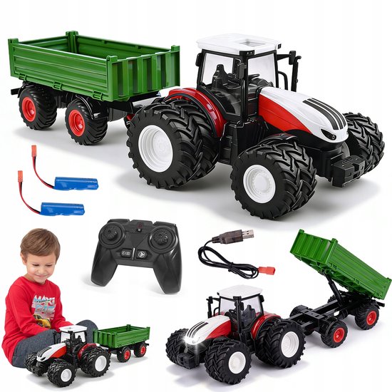 RC Tractor met Aanhanger - Afstandsbedienbare Boerderijtractor 1:24 - 2,4 GHz Afstandsbediening - Bereik tot 80 m - Automatische Koppeling - Voor Boerderijspel, Transport en Buitenspelen
