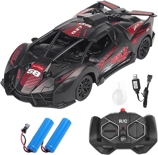 Rc drift car - Rood - 23 x 9 x 6 cm - ABS Kunststof RC Raceauto met Ledlicht en Sproeifunctie - Voor 14+ Jaar