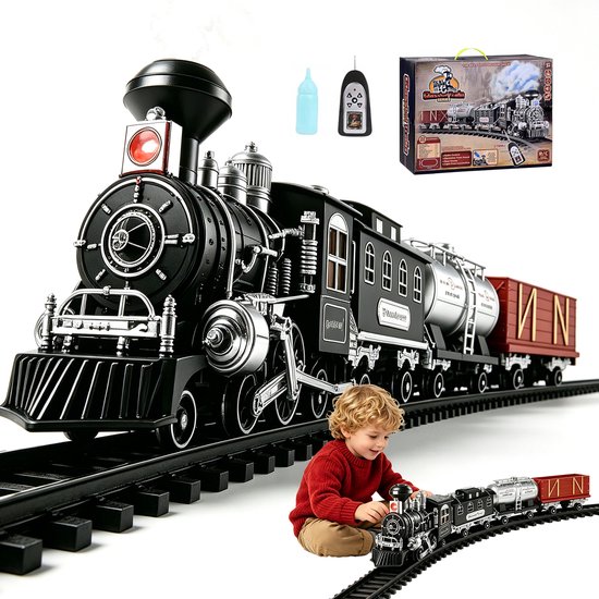 Retro Stoomtrein Set - Elektrische Treinset - RC Stoomlocomotief - Speelgoedtrein - Gesimuleerde rook - LED Verlichting & Geluid - Variabele Rails - Vooruit&Achteruit&Accelereren & Toeter - Interactief Speelgoed - Voor Ouder-kind