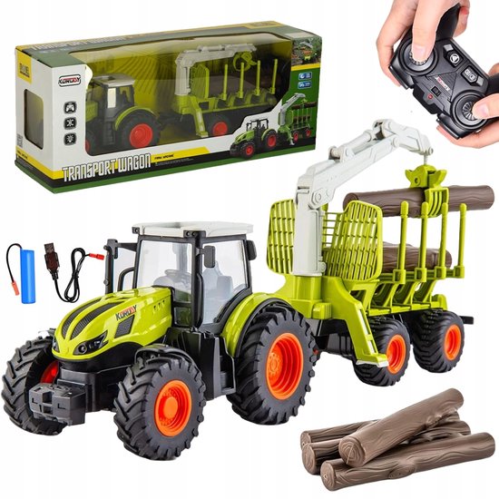 RC Tractor met Aanhanger en Hooibalen - Tractor Speelgoed - Boerderij Transportvoertuig Voor Kinderen - 1:24 Houttransport - Tractor met Trailer - 6 Kanaals - 360° Draaiende Grijparm - Licht & Geluid - Voor Kinderen 3+ - Cadeau