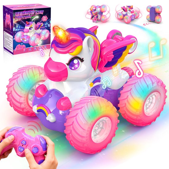 Op Afstand Bestuurbare Auto-RC Stunt auto voor Kinderen-Wootoy Eenhoornspeelgoed Cadeau voor Meisjes-2,4 GHz LED-360° Draaibaar-Roze-3-9 Jaar