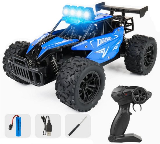 RC offroad speelgoedauto blauw, snelle klimraceauto met LED-koplampen, oplaadbaar, kerstcadeau voor jongens 4-12 jaar