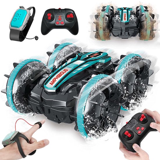 Amfibie RC Bestuurbare Auto voor Land & Water - 2-in-1 Waterdichte Stunt Auto met Handgestuurde Sensor - 360° Draaibaar met Accu - Speelgoed voor Kinderen - Blauw
