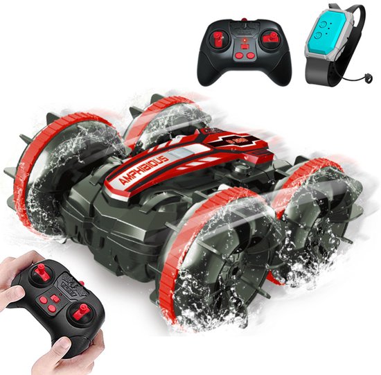 Amfibie RC Bestuurbare Auto voor Land & Water - 2-in-1 Waterdichte Stunt Auto met Handgestuurde Sensor - 360° Draaibaar met Accu - Speelgoed voor Kinderen - Rood