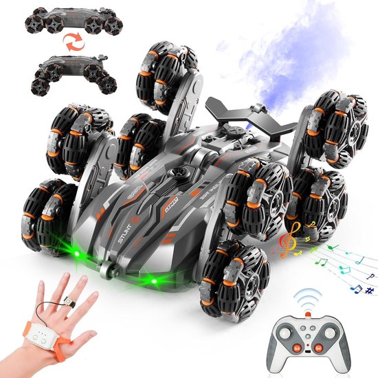 Ntech 8WD RC Stunt Auto met Gebarenbesturing Grijs – 360° Flip & Spins, Dubbelzijdig Rijden, LED-Verlichting, Waternevel & Muziek – 2,4 GHz Afstandsbediening – Stoere Stuntauto voor Kinderen