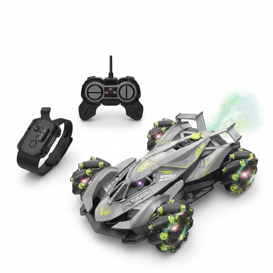 Ntech RC Drift Stunt Auto voor Kinderen Grijs – 2,4 GHz 8-Kanaals Afstandsbediening, 360° Spins, LED-Licht, Waternevel & Muziek – Oplaadbare Stuntauto met USB