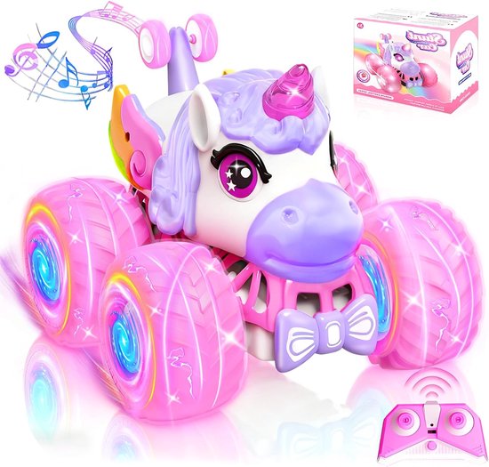 RC Stuntauto Kinderen - Eenhoorn Auto met Afstandsbediening - 360° Stunts & Flips - Licht en Muziek - Grote Antislip Wielen - 2 Oplaadbare Accu's - Voor Binnen en Buiten - Roze