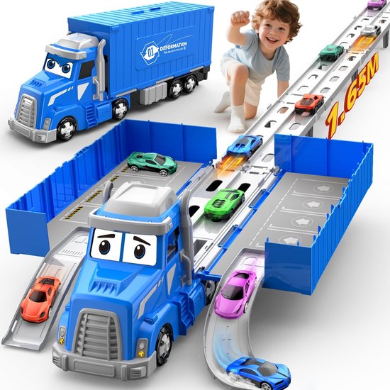 Transport truck speelgoed voor kinderen - Inclusief racetrack en 6 voertuigen