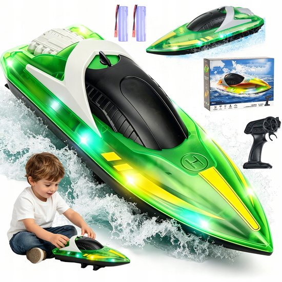 Speedboot RC - Raceboot - Bestuurbare Boot - 15 km/u - 2,4GHz - 120 Min Speeltijd - LED Verlichting - Eenknopsreset - 60m Bereik - 2x1200mAh - Kind & Volwassen - Waterspeelgoed - Voor Vijver & Meer & Zwembad - Groen