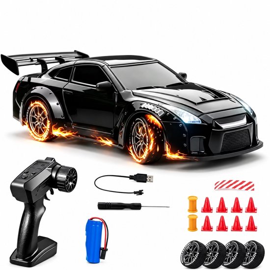 PolkaHome RC drift car - RC drift auto - RC car - RC auto drift - Drift auto afstandsbestuurbaar, 20km/uur 1:24 Afstandsbediening Driftauto, 2.4Ghz 4WD Afstandsbediening Auto met Verlichting (zwart)