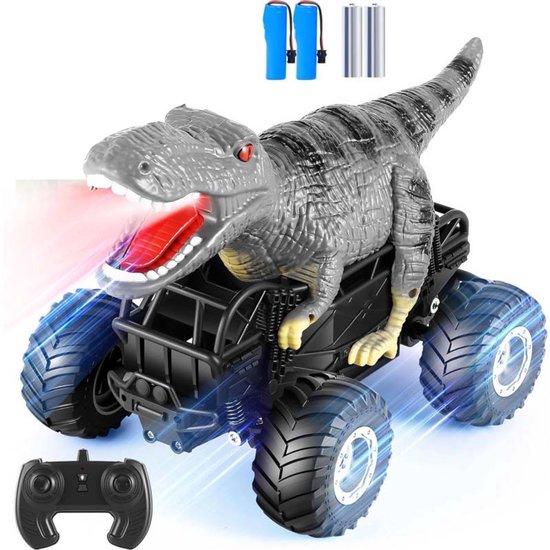 Dinosaurus monster truck RC – 2.4GHz, 1:18 – Met licht & off-road banden – 2 accu's – Voor 4-7 jaar - Grijs